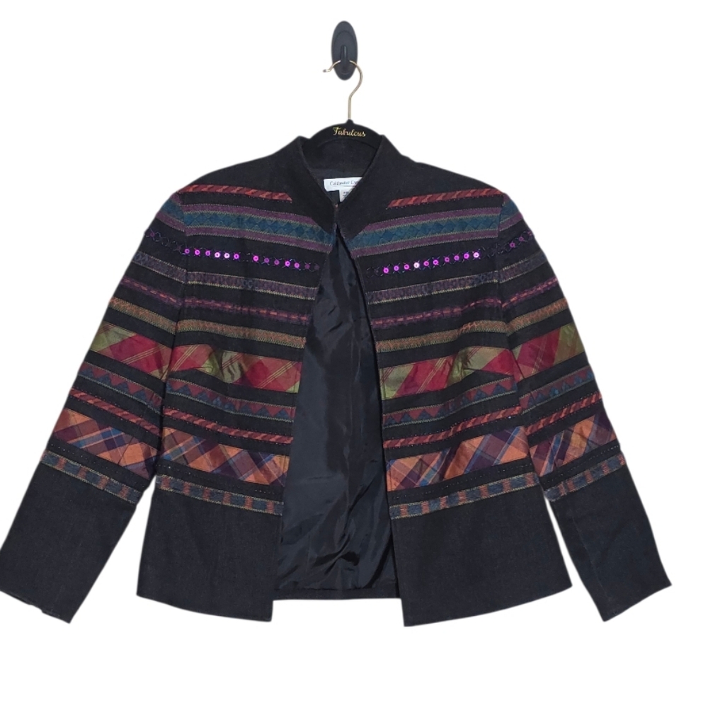 Coldwater Creek Women's Jacket Sz 10 Petite Casual Open Front Beaded Boho Aztec